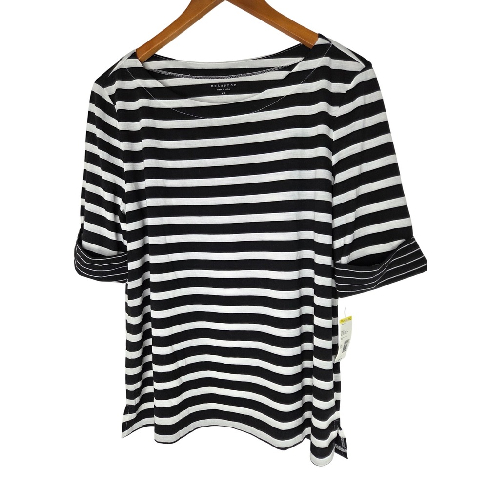 Metaphor Women's Black White Striped Boat Neck 3/4 Sleeve Basic Tee Shirt XL